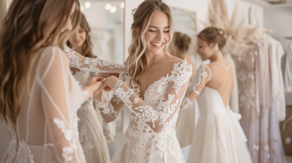 Mariées de morphologies différentes essayant des robes de mariée avec diverses manches en boutique