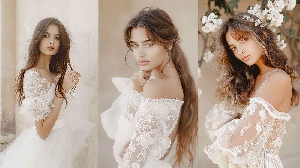 Trois robes de mariée avec différents types de manches pour comparer l’effet sur la silhouette