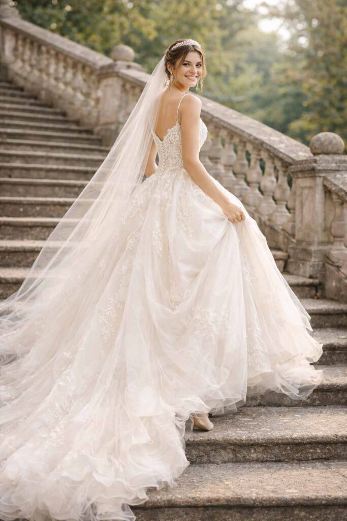 Mariée montant un escalier avec une robe de mariée princesse, jupe légèrement relevée
