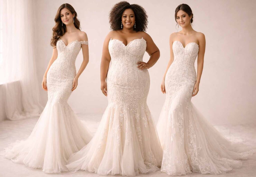 Trois morphologies portant une robe de mariée sirène avec évasement visible