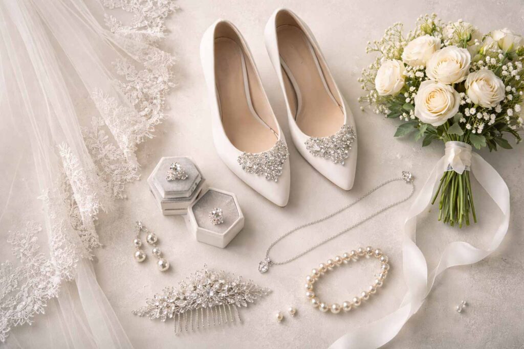 Accessoires assortis à une robe de mariée sirène : voile, bijoux et chaussures