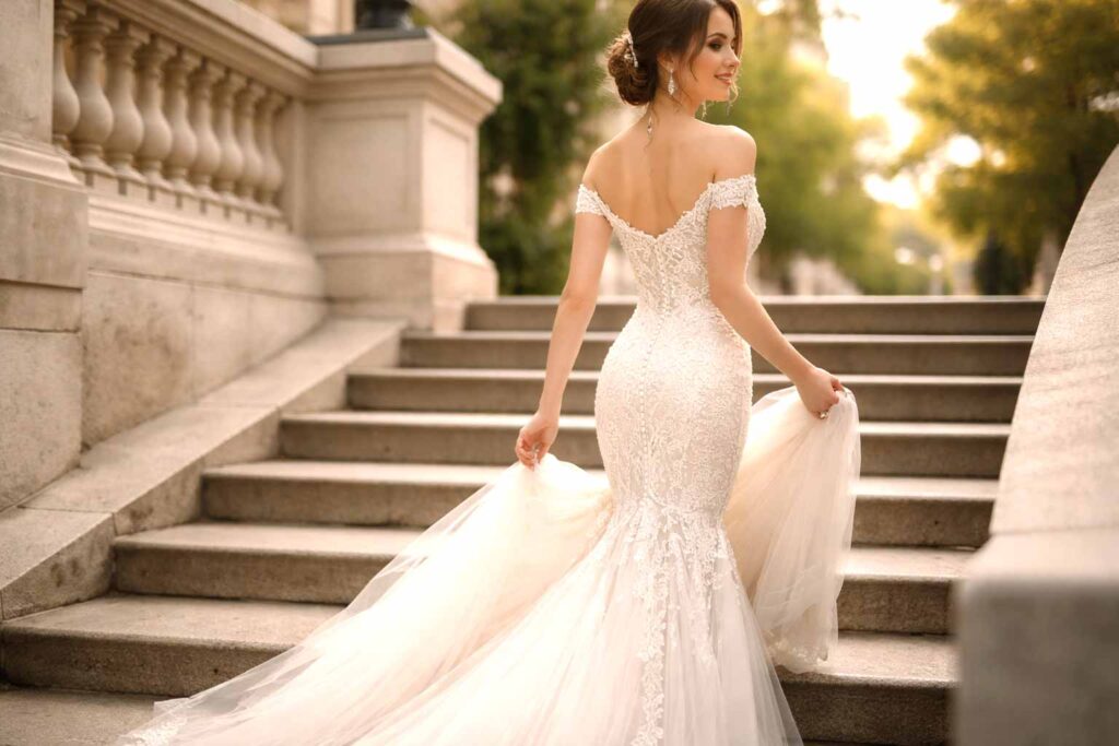 Mariée montant un escalier en robe de mariée sirène, jupe légèrement relevée