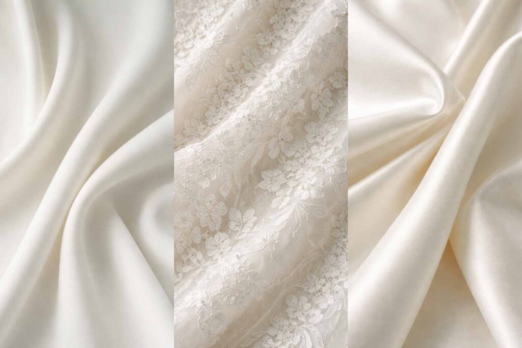 Textures de tissus pour robe de mariée sirène : crêpe, mikado et dentelle