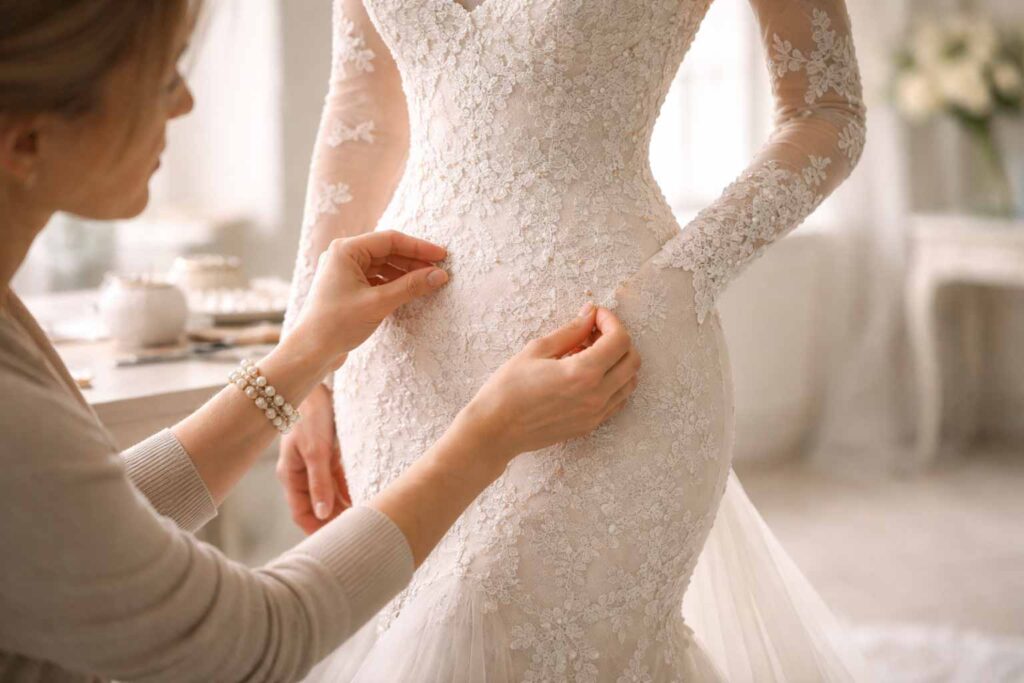 Retouche en boutique sur une robe de mariée sirène au niveau des hanches
