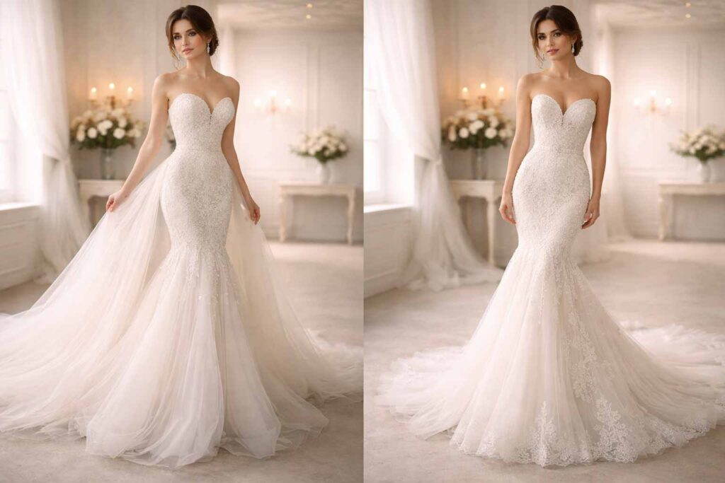 Robe de mariée sirène avec sur-jupe amovible pour un look transformable